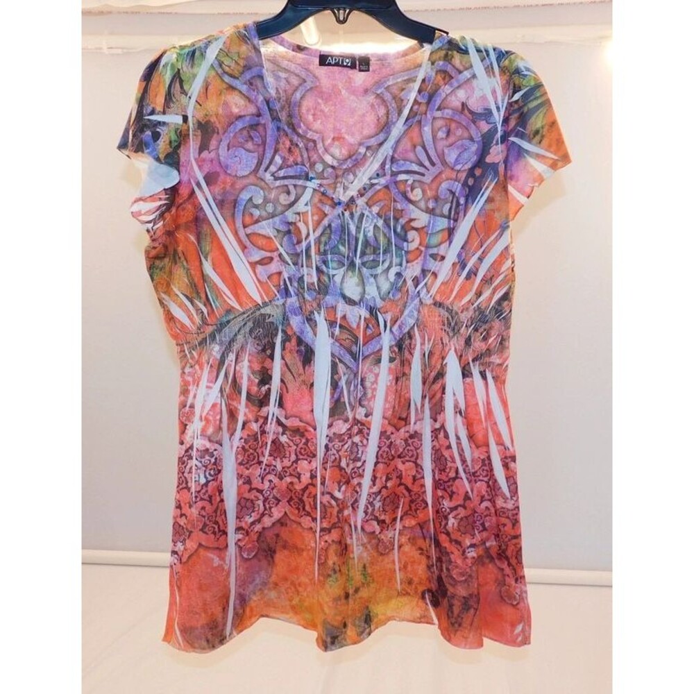 Apt. 9 Multicolor V-Neck Tunic Top Y2K Boho with Subtle Neckline Embellishments